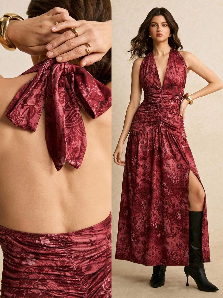 Poéselle Women's Elegant Burgundy Floral Halter Maxi Dress,Summer Dinner Date Ruched Waist Side Slit Boho Brocade Jacquard Long Banquet Winery Evening Gown - Coral Pink - View 1