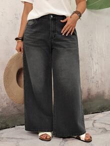 SHEIN Tall CURVE 高个子加大码春夏度假女式宽松口袋阔腿休闲舒适黑色直筒牛仔裤 - 黑色 - 查看 5