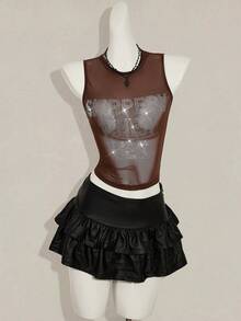 SHEIN ICON Áo hai dây ôm sát, xuyên thấu, màu đen lưới, gợi cảm, đính đá lấp lánh, dành cho nữ, kiểu dáng Y2k, chất liệu lưới, có chữ cái, hở lưng. - Cà phê nâu - Xem 4