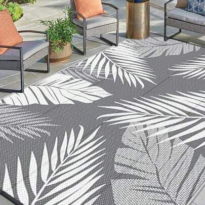 5ft X 8ft Waterproof Outdoor Rug, Reversible Plastic Straw Indoor Outdoor Patio Carpet For RV, Porch, Deck, Backyard, Camper, Balcony, Picnic, Grey And White