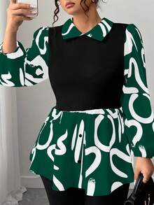 Elenzga Camisa Plus Size Casual para Uso Diário com Mangas Lanterna - Verde - Ver 5