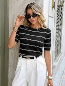 Serisse Áo dệt kim tay ngắn cổ tròn kẻ sọc kiểu dáng thường ngày dành cho nữ, thích hợp cho mùa hè. - màu đen - Xem 6