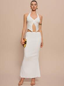 Leighera 女士纯色扭结下摆露背吊带短款上衣和鱼尾裙修身性感两件套 - 白色 - 查看 4