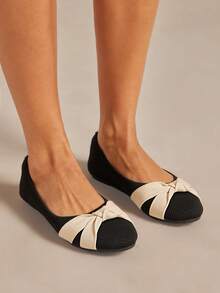 SHUZIA Giày bệt nữ dáng rộng, mũi tròn, đế trong bằng mút hoạt tính, màu đen dệt kim, có nơ – Mềm mại, co giãn và thoải mái suốt cả ngày. - màu đen - Xem 2