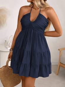 Ceyna Plus Size Boho Halter Neck Navy Blue Tiered Ruffle Hem Dress For Vacation Outfits Women - Navy Blue - View 3