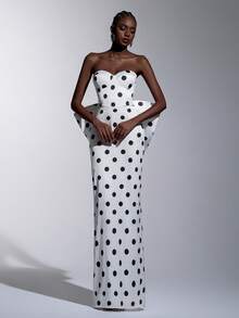 Elitara 优雅奢华波点数码印花缎面手工大蝴蝶结装饰无肩带直筒连衣裙，女士正式晚礼服参考款 - 黑與白 - 查看 1