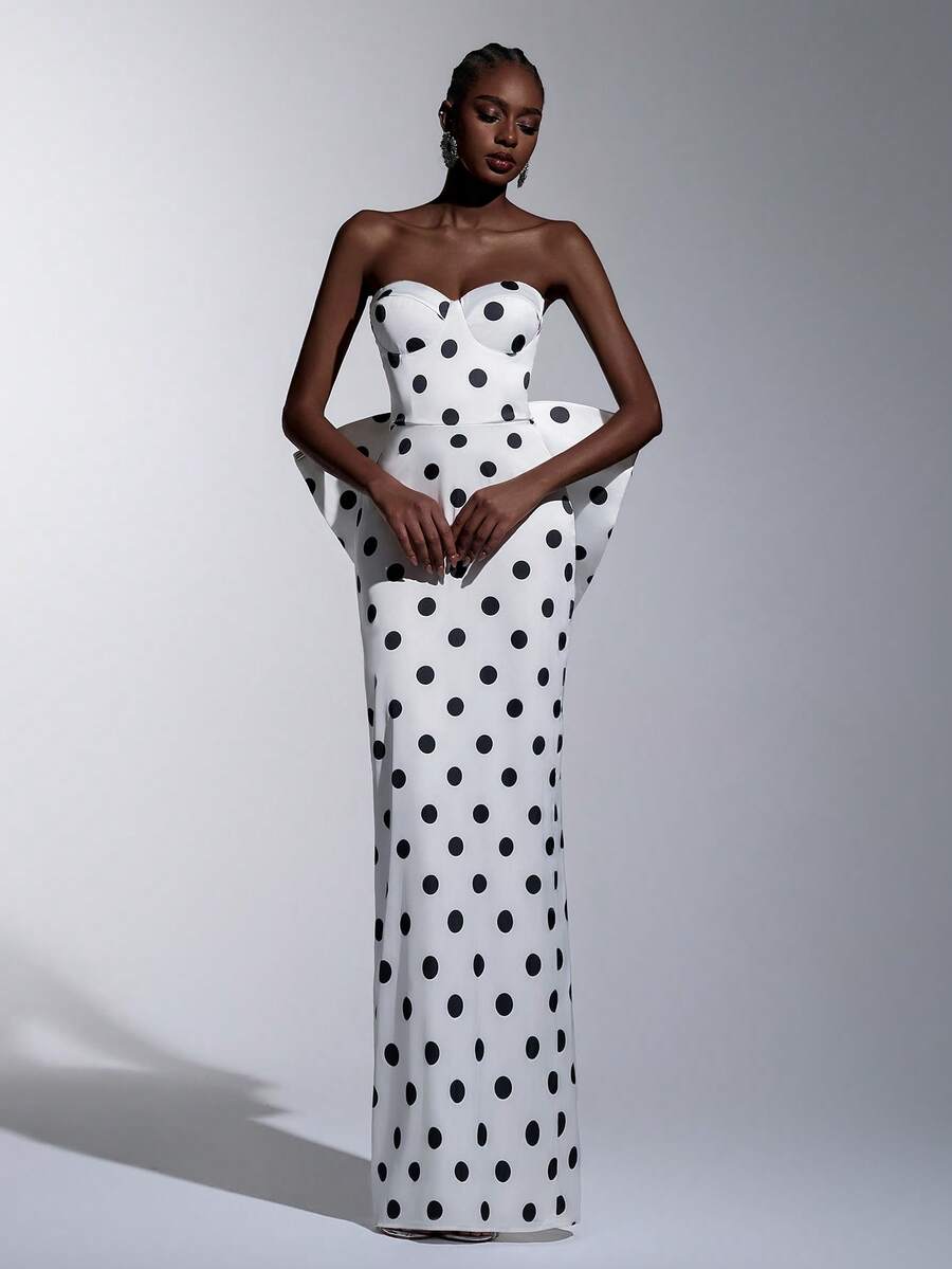 Elitara 优雅奢华波点数码印花缎面手工大蝴蝶结装饰无肩带直筒连衣裙，女士正式晚礼服参考款 - 黑與白 - 查看 1