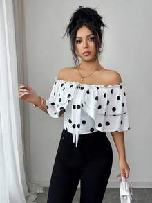 Selianne Elegant Off-Shoulder Ruffle Polka Dot Women T-Shirt, Suitable For Vacation - White - View 5