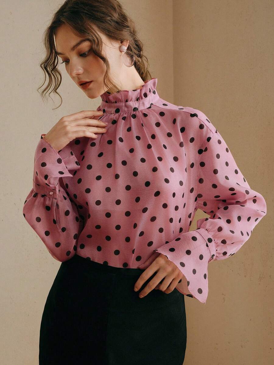 Anewsta Romantic Vacation Style Valentine's Day Pink & Black Polka Dot Ruffle Collar Long Sleeve Blouse For Women - Pink - View 1