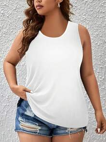 EMERY ROSE Plus Size Summer Casual Simple Solid Color White Tank Top - White - View 1