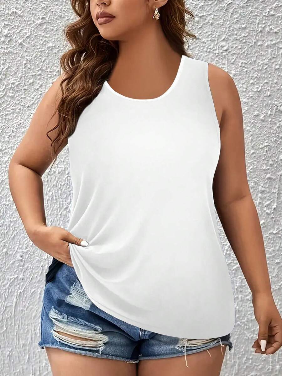 EMERY ROSE Plus Size Summer Casual Simple Solid Color White Tank Top - White - View 1