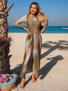 Swim Mulvari Women's Tie-Dye Tie Dye Print Vacation Style Bikini Set, Zipper Back Design Printed Pants & Split Maxi Skirt Middle East Style Bikini - Yellow - View 3