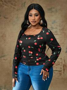 Truni Plus Size Casual Simple Cherry Print Square Neck T-Shirt Autumn And Winter, For Pear & Triangle Body Shape - Multicolor - View 3