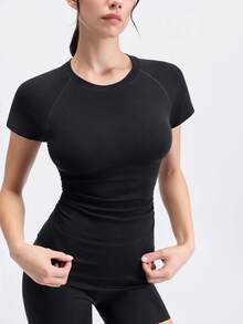 Loungeista 1件女士褶皱胸衣，竹纤维短袖修身塑形上衣，显瘦透气舒适T恤 - 黑色 - 查看 3