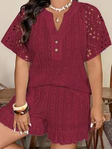 SHEIN LUNE Plus Size Casual Daily Textured Jacquard Hollow V-Neck Raglan Sleeve Top And Ruffle Hem Shorts 2 Pieces Set - Burgundy - View 3