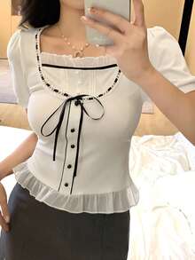 FRIFUL Áo thun ngắn tay cổ tròn ren bèo nhún, thắt nơ ở ngực, eo ôm sát, viền lưới trang trí, dành cho nữ, thích hợp mặc mùa hè. - trắng - Xem 6