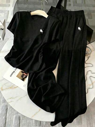 One Piece,Short Sleeve,Casual,Offset Print,Spring And Summer,Teen Girls' Summer Commuting Set, Sporty And Casual Straight-Leg Pants, Short-Sleeved Lightweight And Comfortable Two Pieces Set.