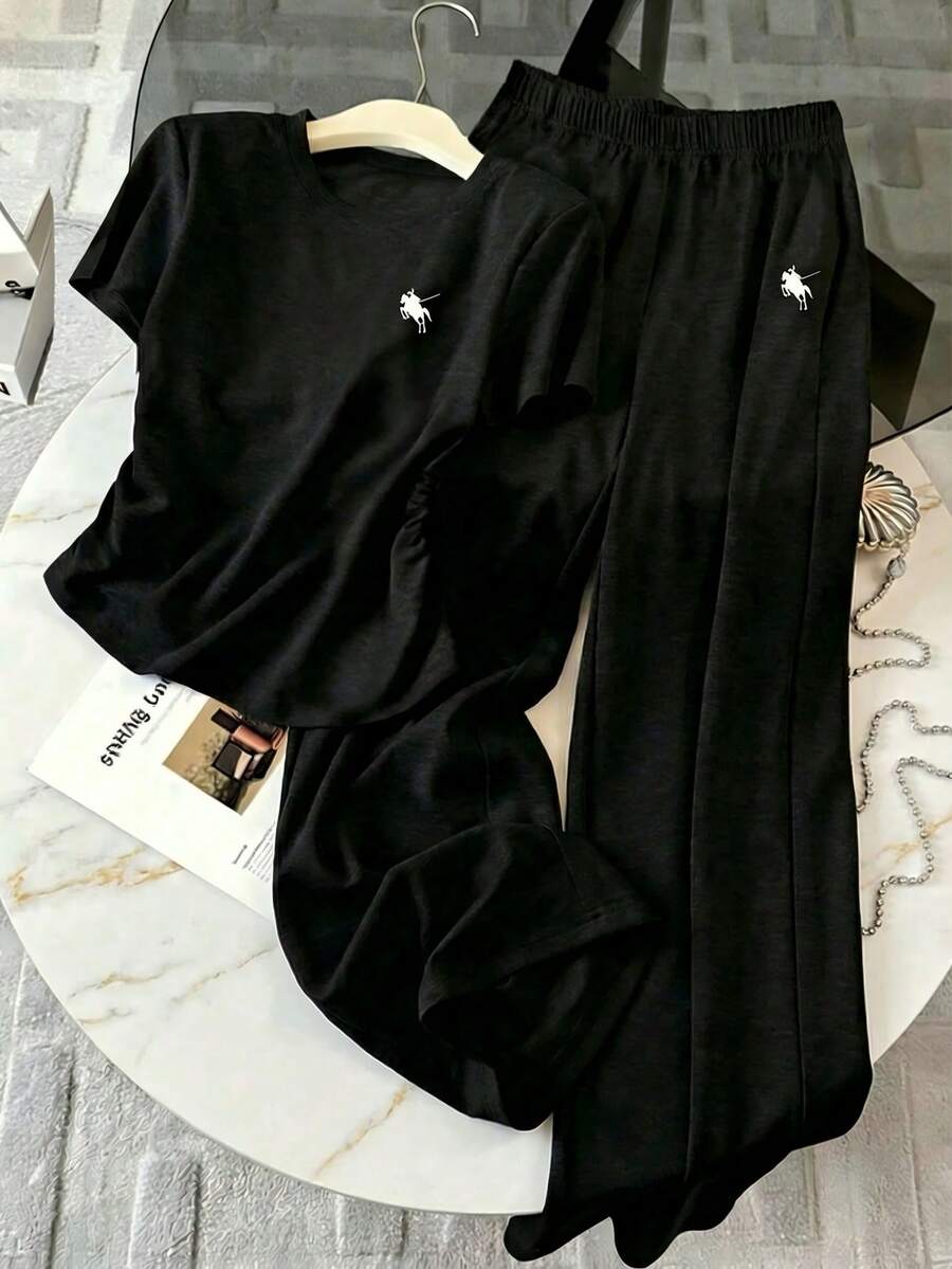 One Piece,Short Sleeve,Casual,Offset Print,Spring And Summer,Teen Girls' Summer Commuting Set, Sporty And Casual Straight-Leg Pants, Short-Sleeved Lightweight And Comfortable Two Pieces Set. - Black - View 1