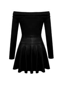 GlowEve 秋冬新款法式优雅女士时尚针织弹力亮面露肩褶皱修身T恤+弹力腰A字迷你裙两件套，百搭 - 黑色 - 查看 4