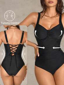 Shapewave 2pcs Women's Black Ruched Side Bikini Set, Fashionable Beach Vacation Swimwear - Black - View 1