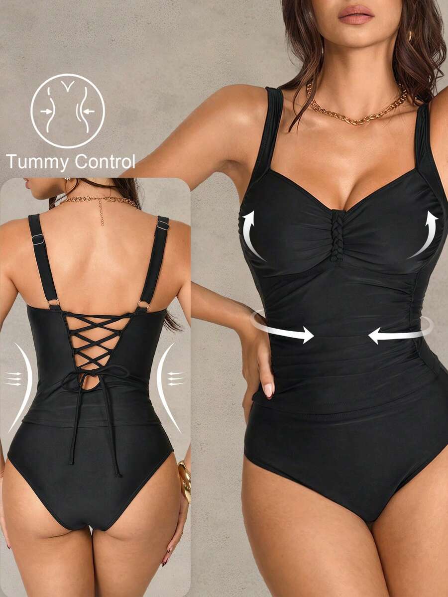 Shapewave 2pcs Women's Black Ruched Side Bikini Set, Fashionable Beach Vacation Swimwear - Black - View 1