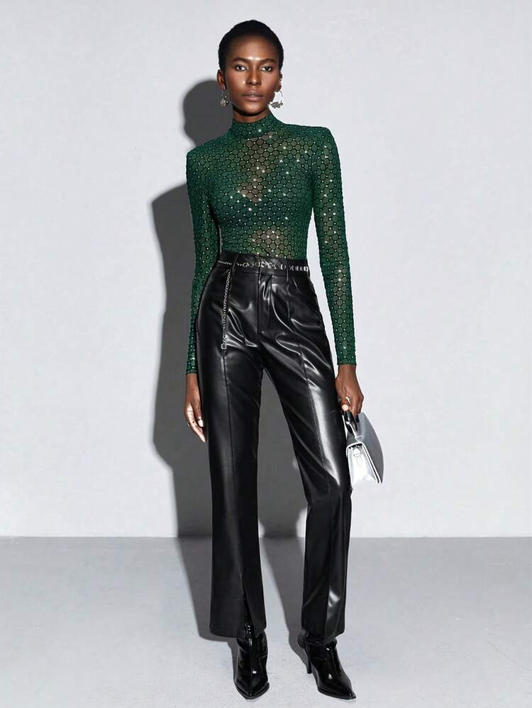 SHEIN Maija 2026 Spring & Summer Women's Sheer Mesh Black Bodysuit With Crystal Details, Elegant Office/Casual Wear, Suitable For Urban Commute, Business, Summer, Valentine's Day  St Patrick's Day Women Easter Summer Outfits Easter Dress Women Party Top Beach Dress Summer Holiday Outfits Each Vacation Outfits For Women  Summer Outfit For Women Going Out Outfits Graduation Graduation Outfit  Casual Dresses  Casual Blouses For Women