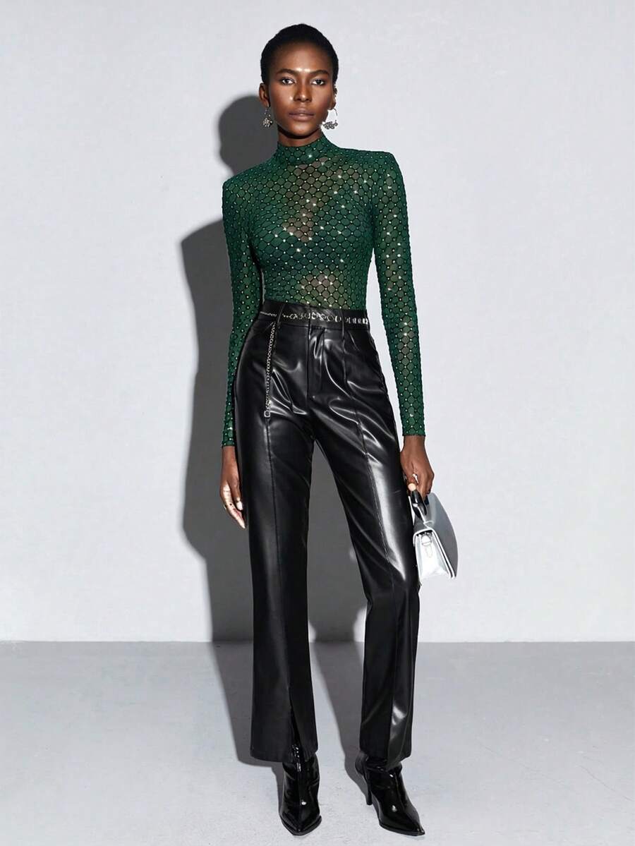 Maija 2026 Spring & Summer Women's Sheer Mesh Black Bodysuit With Crystal Details, Elegant Office/Casual Wear, Suitable For Urban Commute, Business, Summer, Valentine's Day - Dark Green - View 1