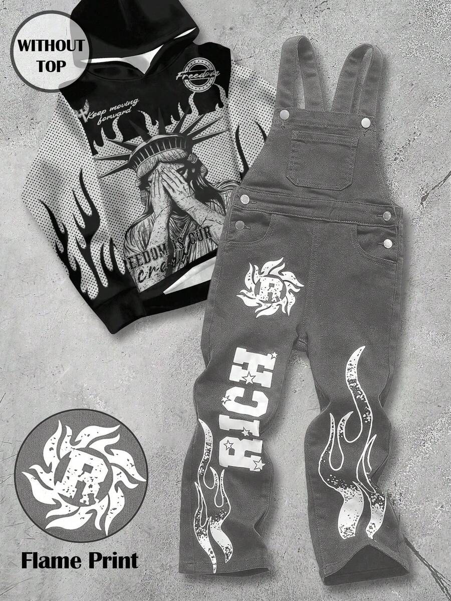 Young BoyLetter Print Black Denim Bib Pants - Light Grey - View 1