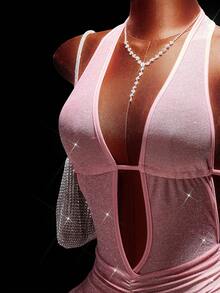 Amplova Bộ đồ liền thân màu hồng bóng cho nữ, gợi cảm và tiên phong, thích hợp cho buổi hẹn hò ngày lễ tình nhân, cổ yếm hở lưng, viền bất đối xứng - Hồng - Xem 7