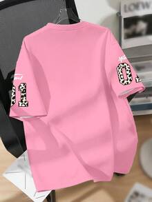 SHEIN EZwear 休闲简约粉色圆领宽松女式T恤，豹纹印花 01 - 彩色 - 查看 4