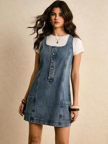 Poéselle 女士休闲无袖牛仔连衣裙，带双口袋，夏季 - 中等水洗藍 - 查看 5