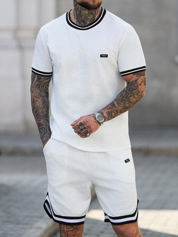 Manfinity CasualCool 男士夏季休闲运动撞色条纹包边短袖T恤和抽绳腰短裤篮球服套装