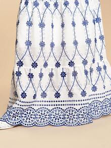 Travachic Women's Blue And White Boho A Line Long Skirt With Ruffle Hem Geometric Pattern Woven Fabric - Blue and White - View 6