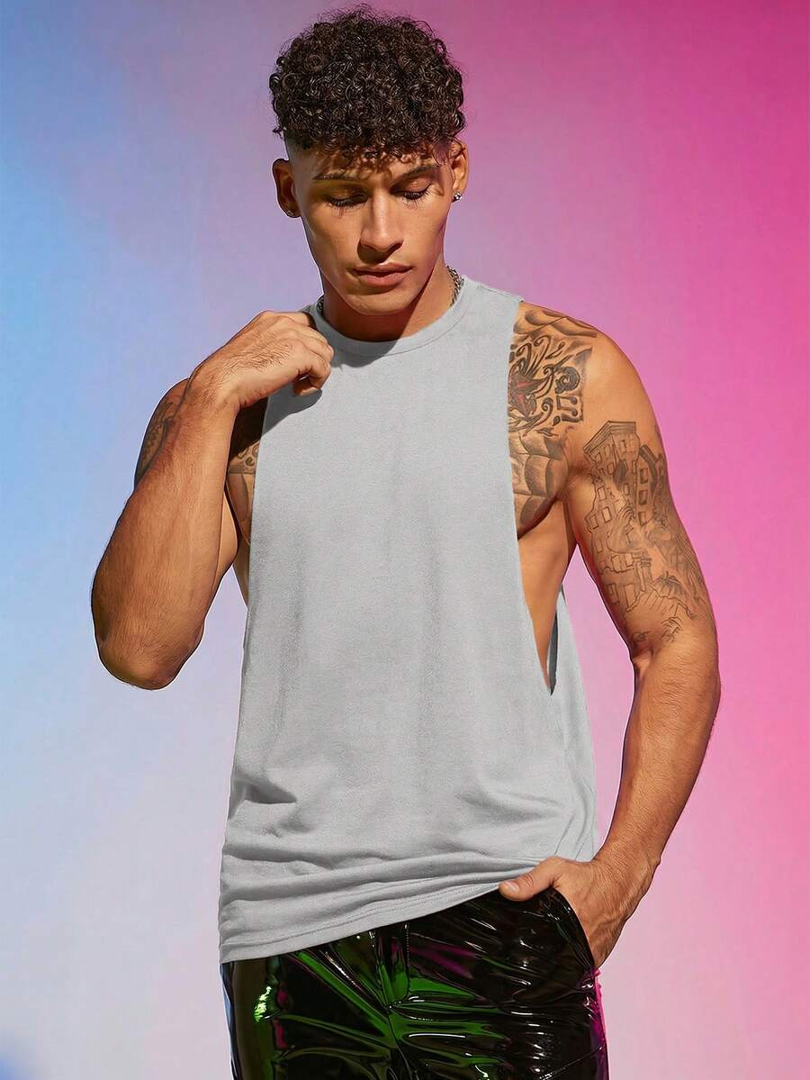 FeverCity Men's Solid Color Minimalist Everyday Knit Crew Neck Sleeveless Vest - Grey - View 1