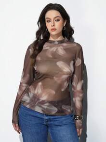 Maija 大码女式印花薄纱长袖修身衬衫，百搭实用，适合都市通勤、商务、休闲、夏季、约会等场合，尽显优雅气质。 - 棕色 - 查看 4