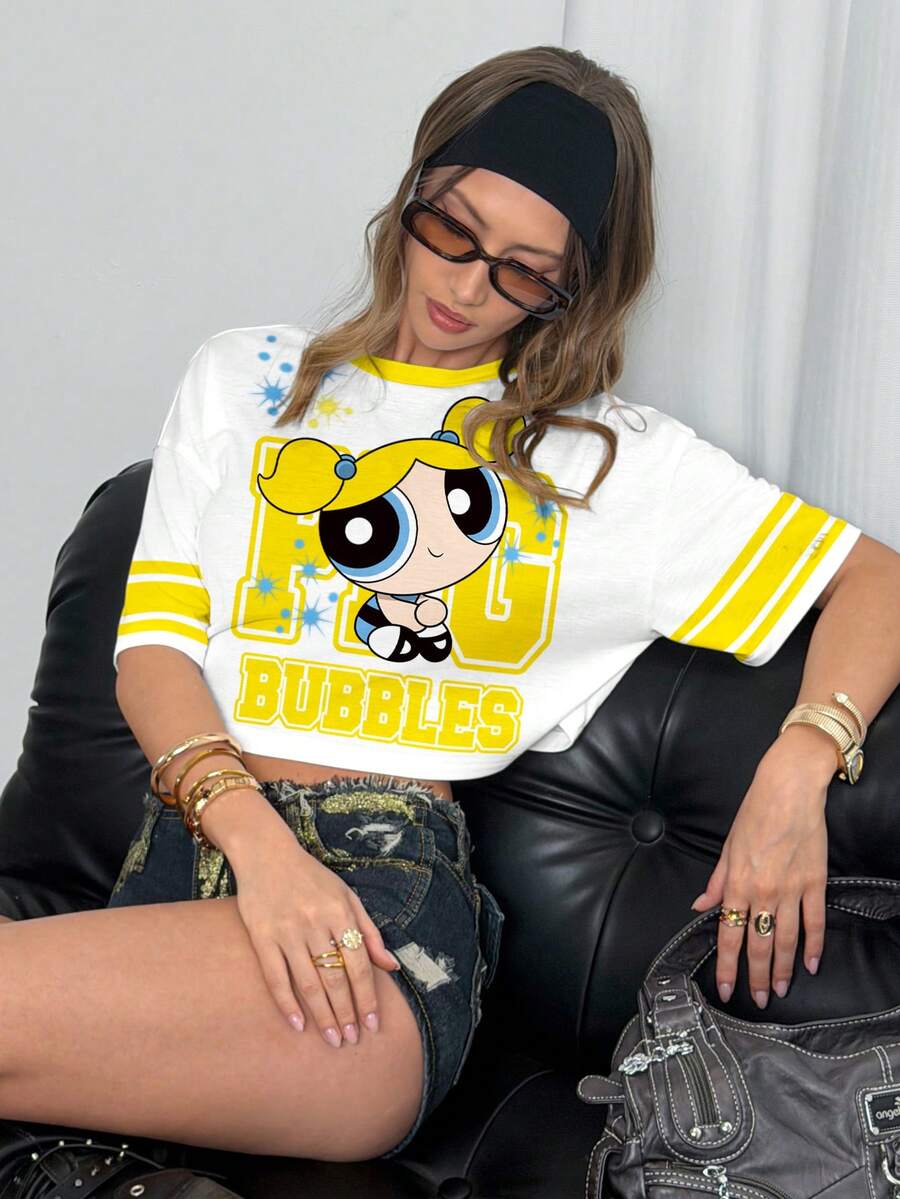 THE POWERPUFF GIRLS X SHEIN 女士休闲可爱卡通字母印花宽松短款T恤，时尚百搭，适合日常通勤和夏季穿着 - 白色 - 查看 1