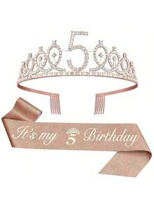 Sparkling Rhinestone Crystal Crown Tiara With Happy Birthday Satin Sash 2PCS Set For Girls 3rd 4th 5th 6th 7th 8th 9th Years Old Birthday Party Decorations, Princess Anniversary Celebration Supplies For Christmas​ - Rose Gold - View 6