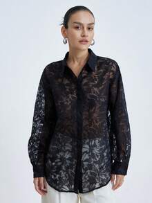 Aveloria Modichic Áo kiểu dài tay cổ bẻ bằng vải chiffon mỏng nhẹ, tối giản, dễ phối đồ, màu đen trắng chấm bi, dành cho nữ. - màu đen - Xem 5
