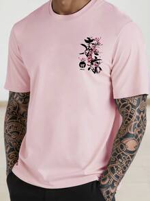 Manfinity Dauomo 男士时尚印花宽松短袖T恤 | 优雅设计 | 夏季必备 | 易于搭配，展现您的风格 - 淺粉色 - 查看 3