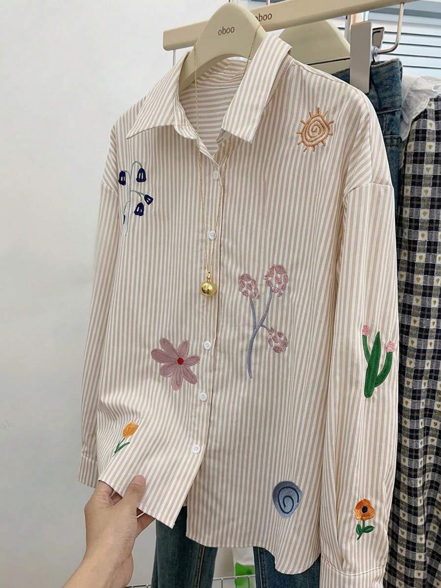 GlowEve Women's Casual, Vacation, Commute Embroidered Floral & Striped Print Loose Fit Button-Down Long Sleeve Shirt, Spring/Autumn - Light Yellow - View 1