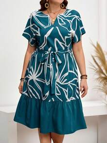 Miaspire Gaun Liburan Kasual Ukuran Besar dengan Motif Bunga dan Patchwork, Gaun Musim Panas - Dark Green - View 6