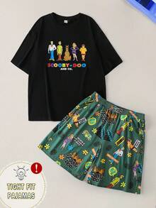SCOOBY-DOO X SHEIN 男士休闲卡通图案圆领短袖上衣和短裤家居服套装，夏季 - 黑色 - 查看 1