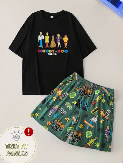 SCOOBY-DOO X SHEIN Herren Lässig Cartoon Figur Grafik Rundhals Kurzarm Top und Shorts Loungewear Set, Sommer