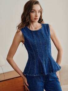 Anewsta Women's Elegant Romantic Party & Vacation Elastic Fitted Ruffle Trim Sleeveless Blue Top With Jeans Denim Peplum Top - Blue - View 6