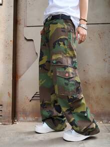 Manfinity Roghcode 男士工装迷彩休闲宽松牛仔阔腿裤 - 軍綠色 - 查看 2