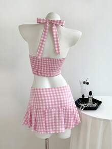 Elamini Women's Plaid Halter Top And Mini Skirt 2 Pieces Set - Pink - View 2