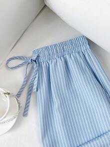 Elamini Women's Vacation Casual Striped Lace Trim Pants - Blue - View 3