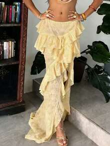 Resyla Women's Fashion Sexy Beach Vacation Style Low Waist High Slit Ruffled Hem Skirt - Yellow - View 5