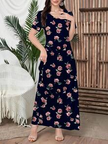 Lacomfia Đầm dệt kim ngắn tay cổ chữ V thanh lịch dành cho nữ, màu xanh navy, thích hợp cho hẹn hò, du lịch, mặc hàng ngày, đi chơi, dự tiệc, lễ hội, đầm dài mùa thu/đông, đầm xòe, đầm maxi họa tiết hoa/đầm vintage, đầm in họa tiết thực vật, đầm màu xanh, họa tiết hoa ngẫu nhiên. - Màu xanh hải quân - Xem 4