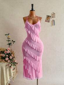 Soleia Đầm dự tiệc cưới phong cách miền Tây, dự lễ tốt nghiệp, tiệc brunch, thích hợp cho mùa Xuân/Hè, đi nghỉ mát, lễ Phục Sinh, các lễ hội âm nhạc, kiểu dáng boho nhiệt đới thanh lịch, ngày Valentine, tiệc tùng, mùa cưới, hở lưng, buộc dây, màu hồng, chất liệu lưới dành cho nữ. - Hồng - Xem 3